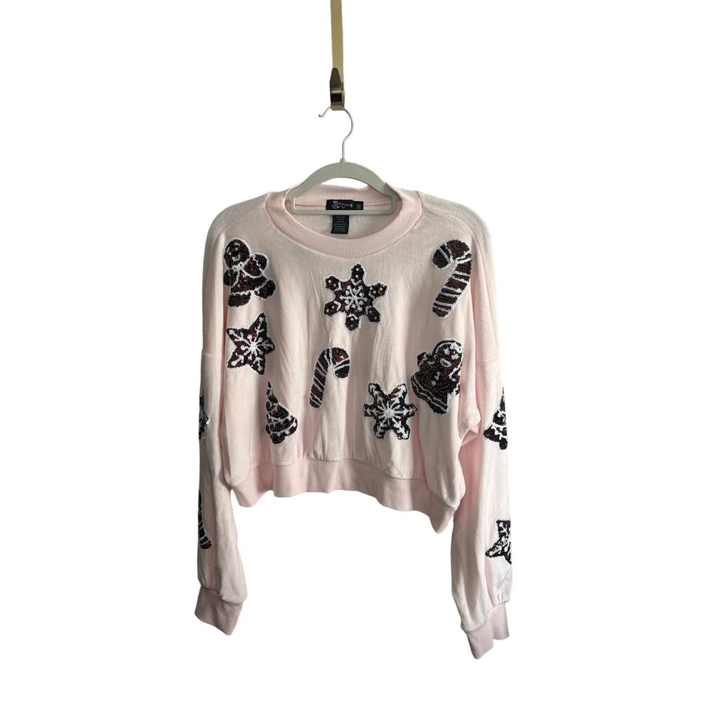 Miss Chievous Pink Sequin Gingerbread Christmas Sweatshirt M NWT